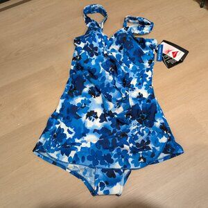 14 Maxine of Hollywood Sarong One Piece Slimming Crescent Blue White Floral